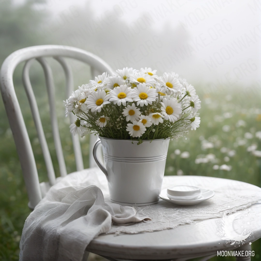 Vintage Chair with Daisies in Fog A close-up of a shabby vintage chair with white fabric, a cup of coffee, and a milk bucket filled with daisies, all enveloped in dense fog.