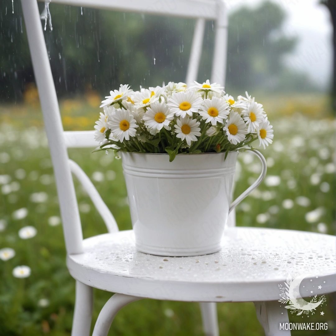 A close-up of a shabby vintage chair with white fabric, a cup of coffee, and a milk bucket with daisies under the rain.