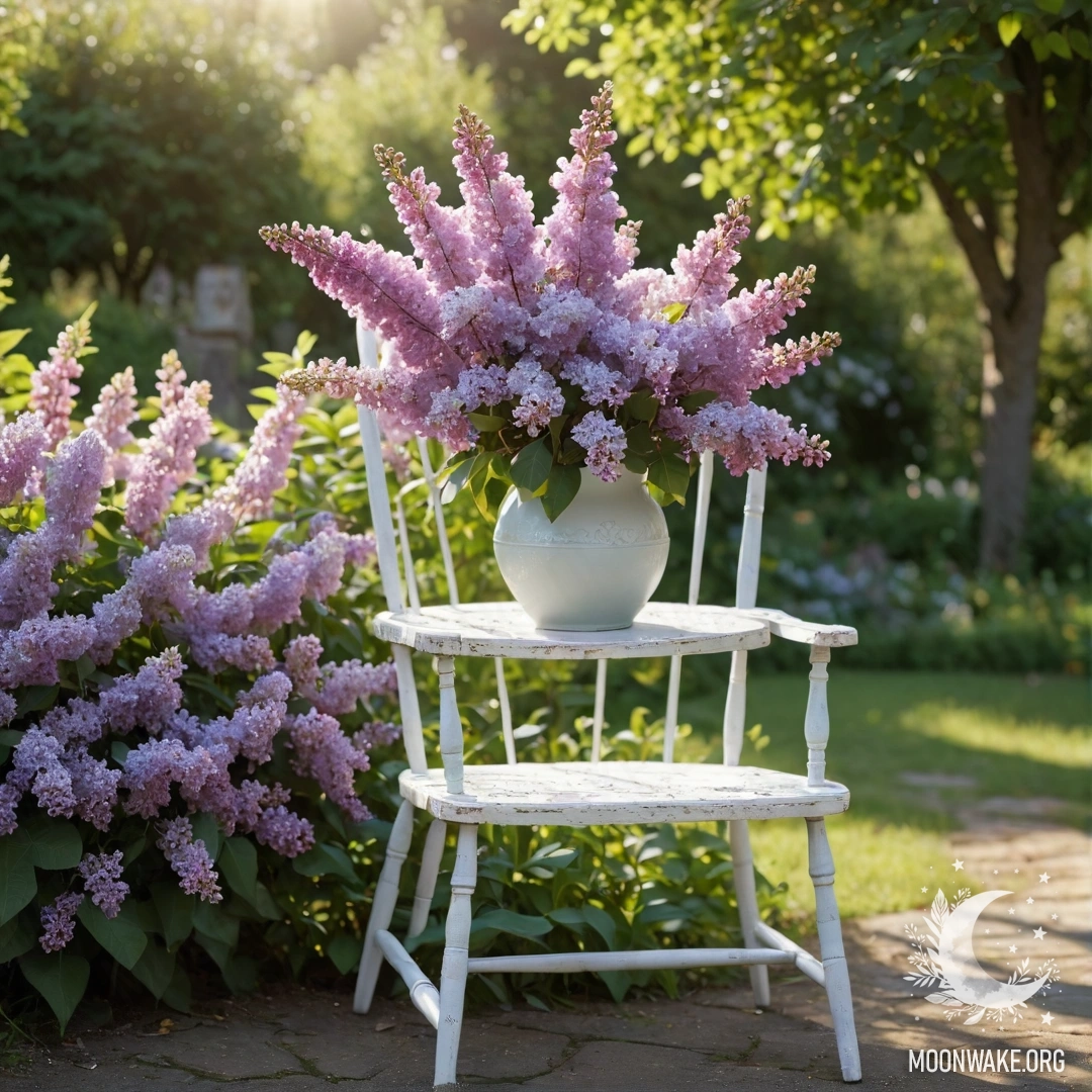An old shabby chair in a tranquil garden with a vase of lilacs atop it, illuminated by soft sun rays.