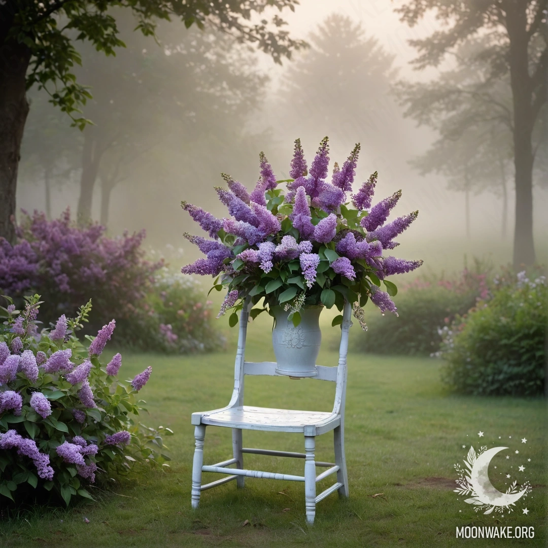 A vintage shabby chair in a garden, holding a vase of lilacs in dense fog.