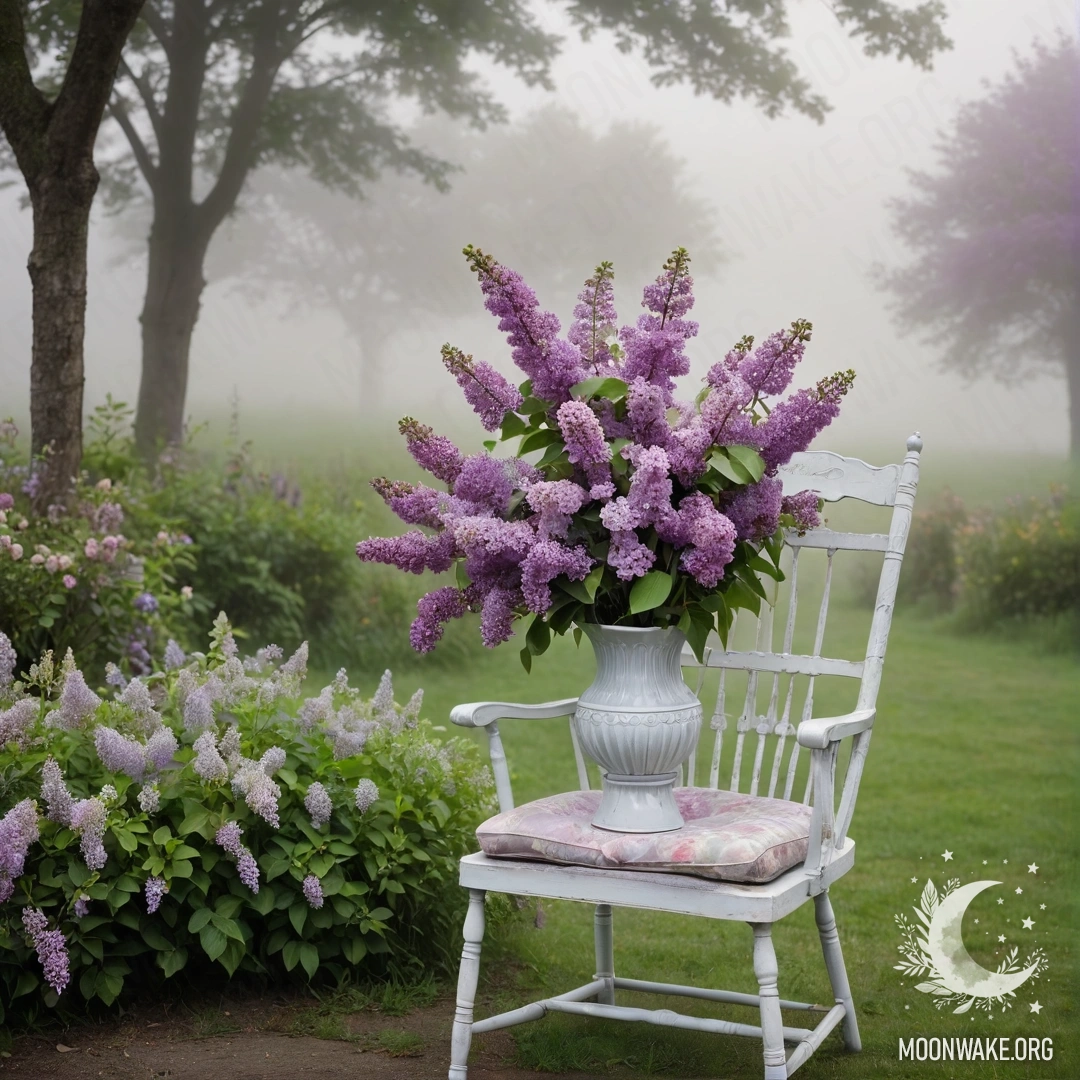 A vintage shabby chair in a garden shrouded in dense mist, with a vase of lilacs placed on it.
