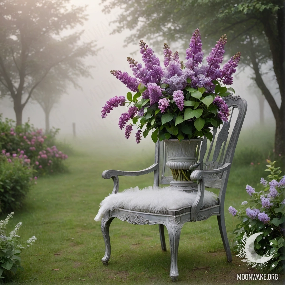 A vintage shabby chair standing in a foggy garden with a vase of lilacs.