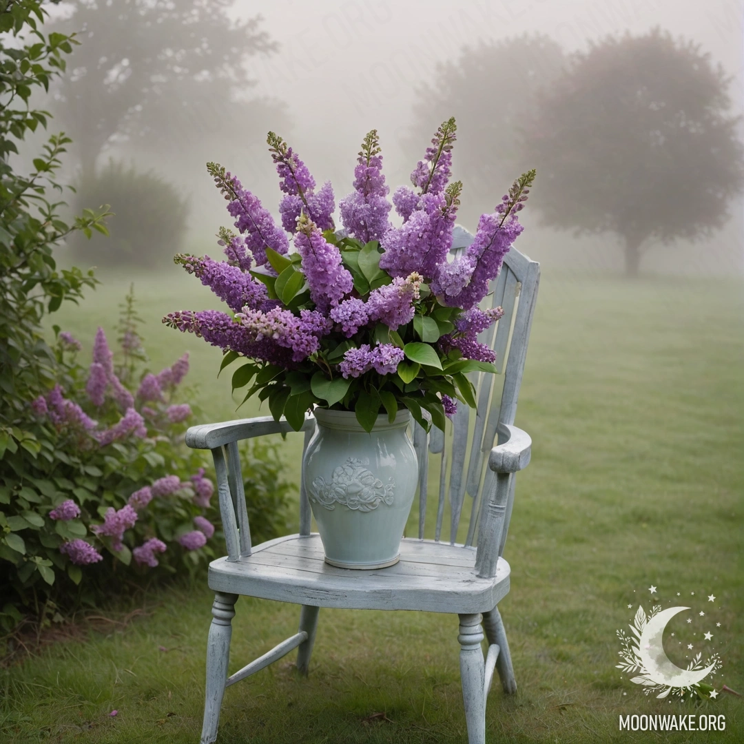 A vintage shabby chair situated in a garden, adorned with a vase of lilacs, enveloped in dense fog.