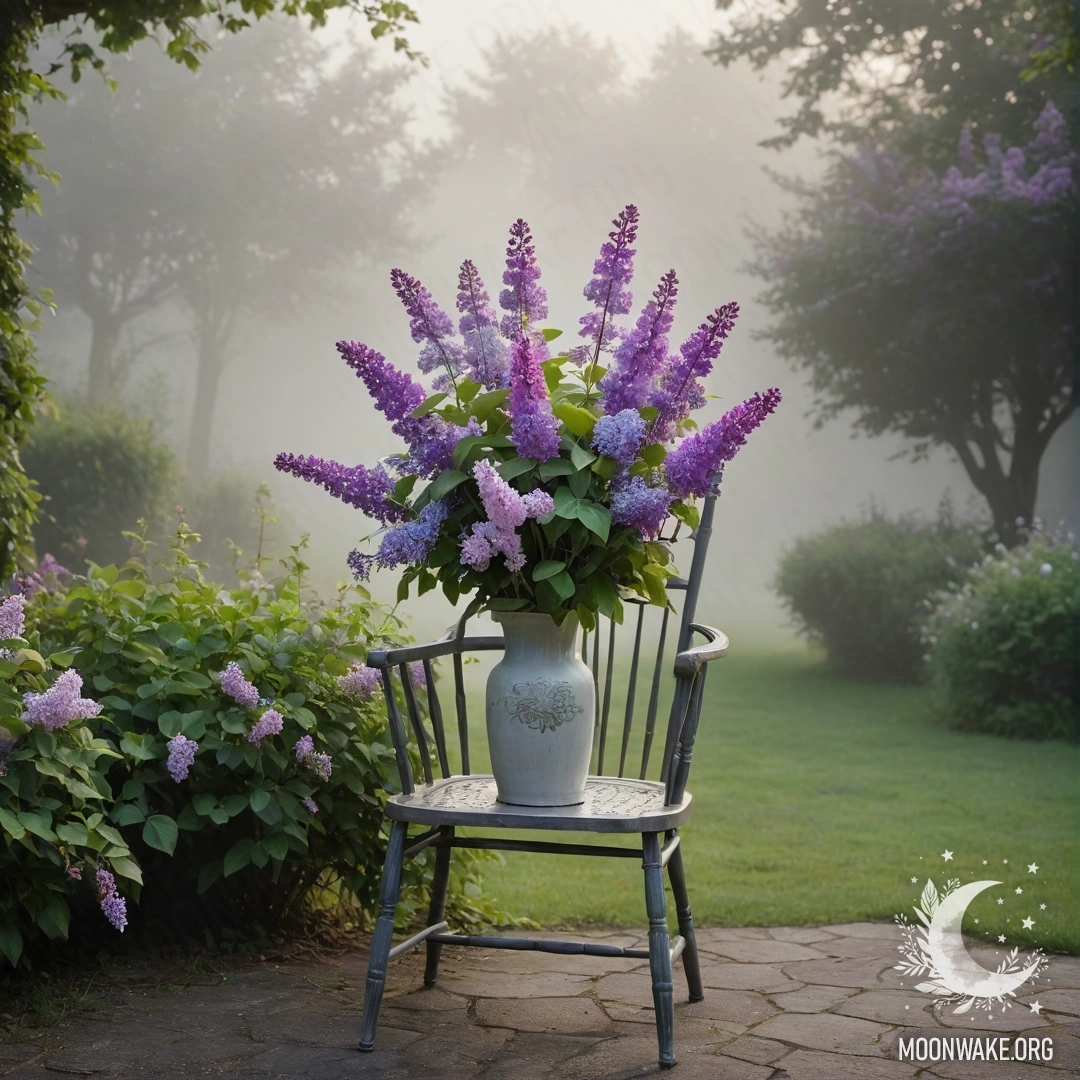 Vintage Chair with Lilacs in the Misty Garden A vintage shabby chair in a garden with a vase of lilacs on it, surrounded by dense mist.