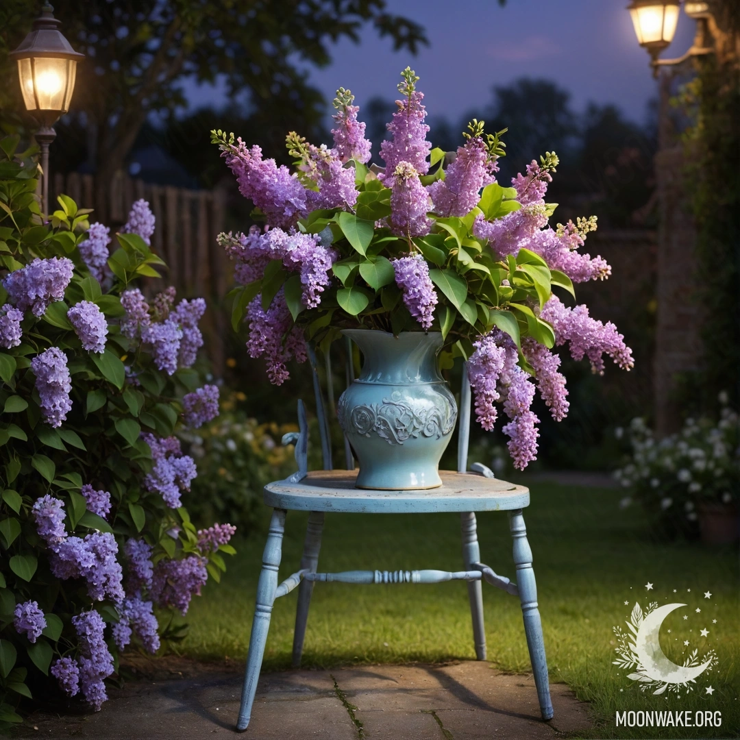 A vintage shabby chair with a vase of lilacs placed on it, set in a garden at night.