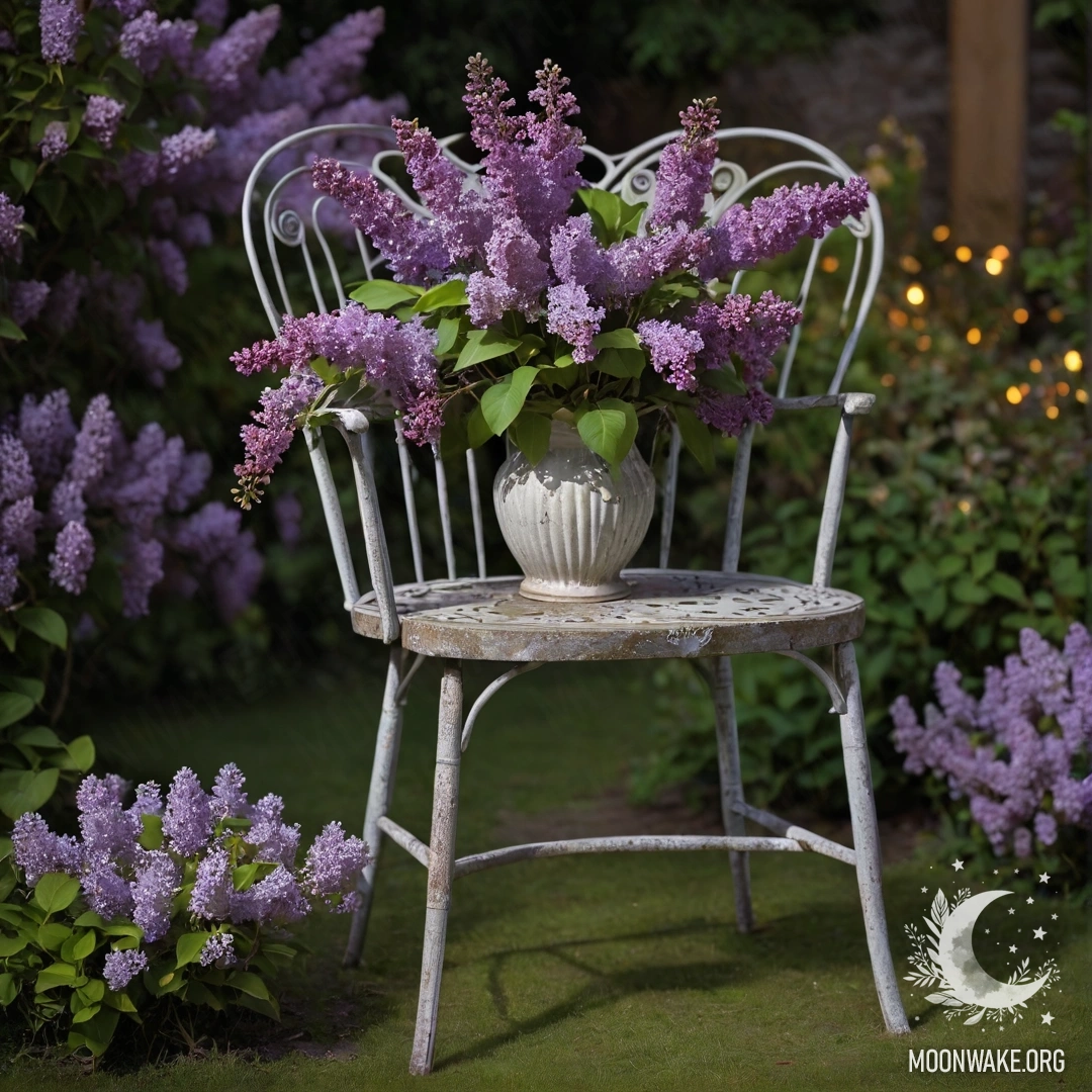 A vintage shabby chair in a garden with a vase of lilacs on it at night.