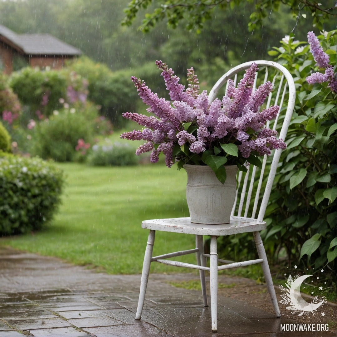 A vintage shabby chair in a garden with a lilac bouquet in a vase under the rain.