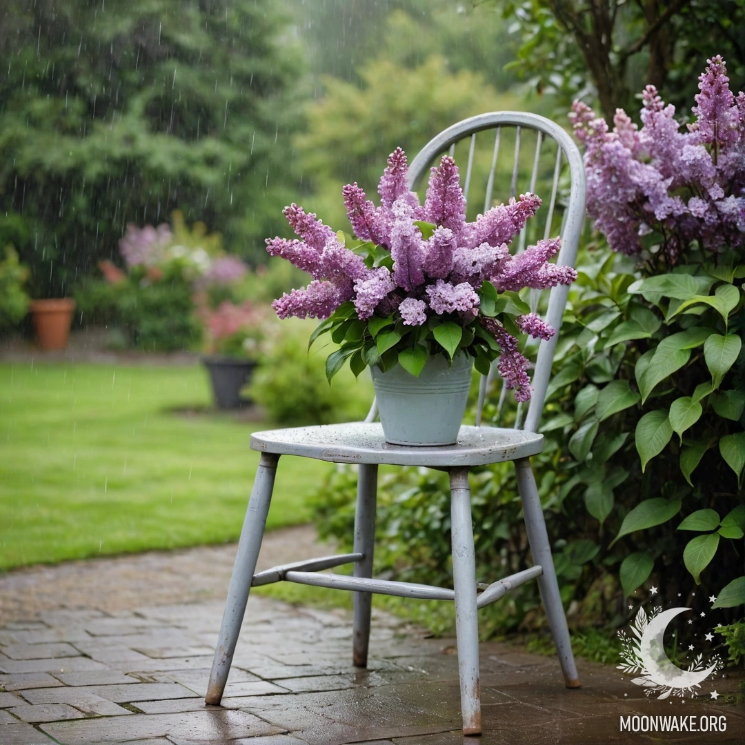 Vintage Chair with Lilacs in the Rain A vintage shabby chair with a vase of lilacs perched on it, surrounded by a lush garden in the rain.