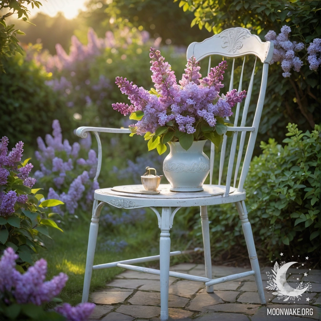 A vintage shabby chair in a garden, adorned with a vase of lilacs at sunset.