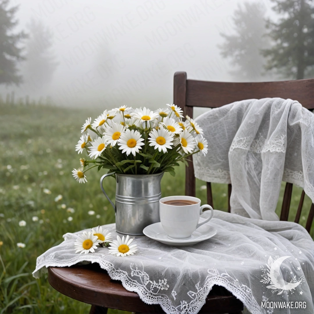 Vintage Charm in Misty Serenity A close-up of a beautiful shabby vintage chair covered with white translucent fabric, alongside a cup of coffee and a white milk bucket holding a bouquet of daisies, enveloped in dense fog.