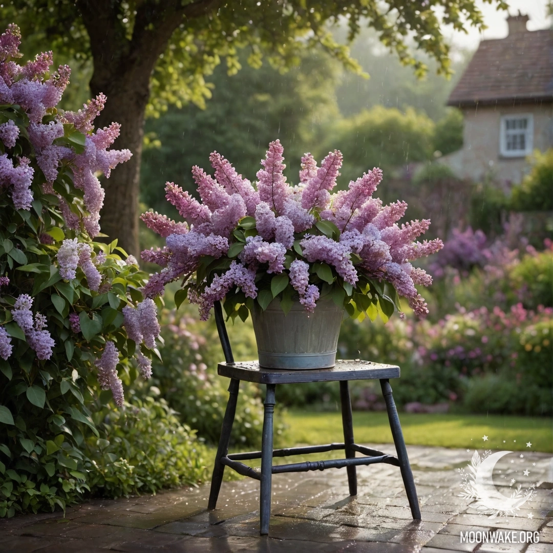 A vintage shabby chair with a vase of lilacs under falling rain in a garden.