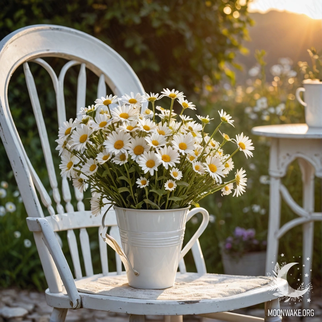 A close-up of a beautiful shabby vintage chair adorned with white translucent fabric, alongside a cup of coffee and a white milk bucket filled with daisies, set against a sunset backdrop.
