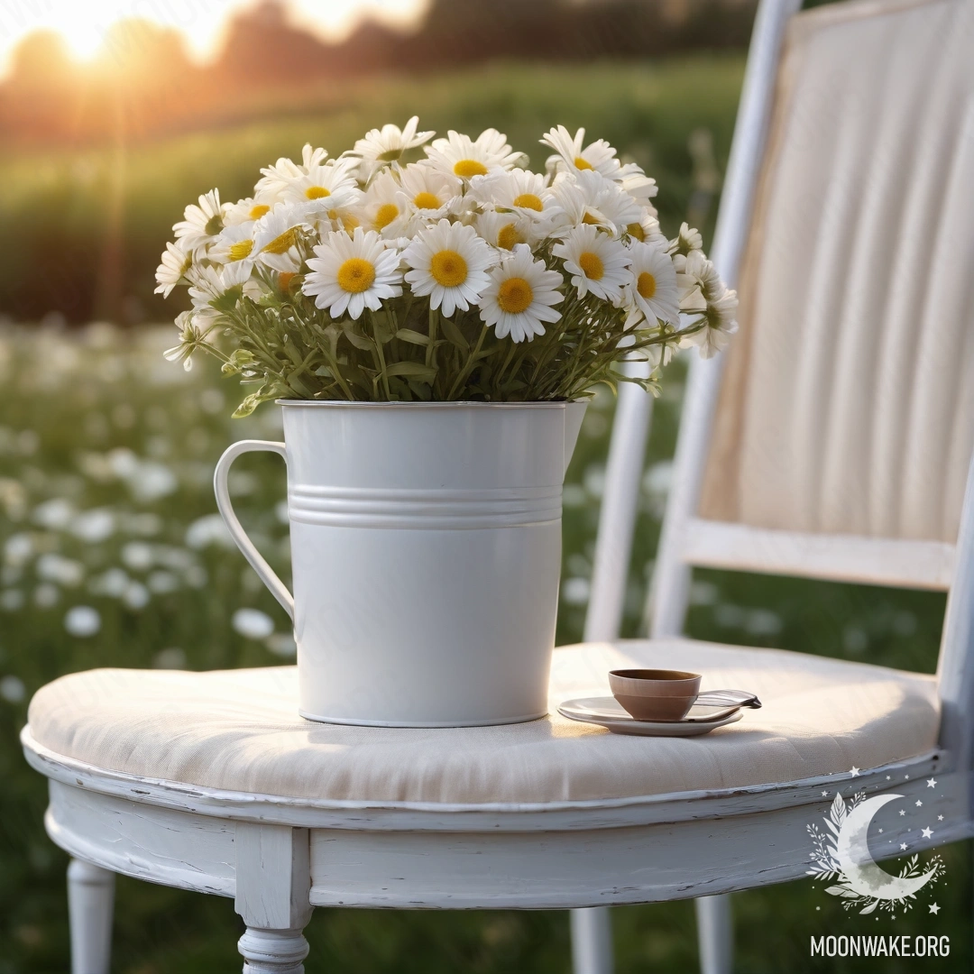 A close-up of a vintage chair adorned with white fabric, featuring a coffee cup and a milk bucket filled with daisies during sunset.