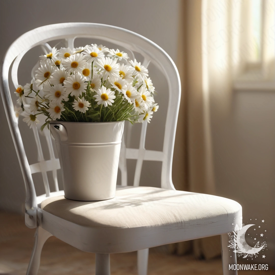 Vintage Charm: A Cozy Scene A close-up of a shabby vintage chair with a white fabric, a cup of coffee, and a milk bucket with daisies in sunlight.
