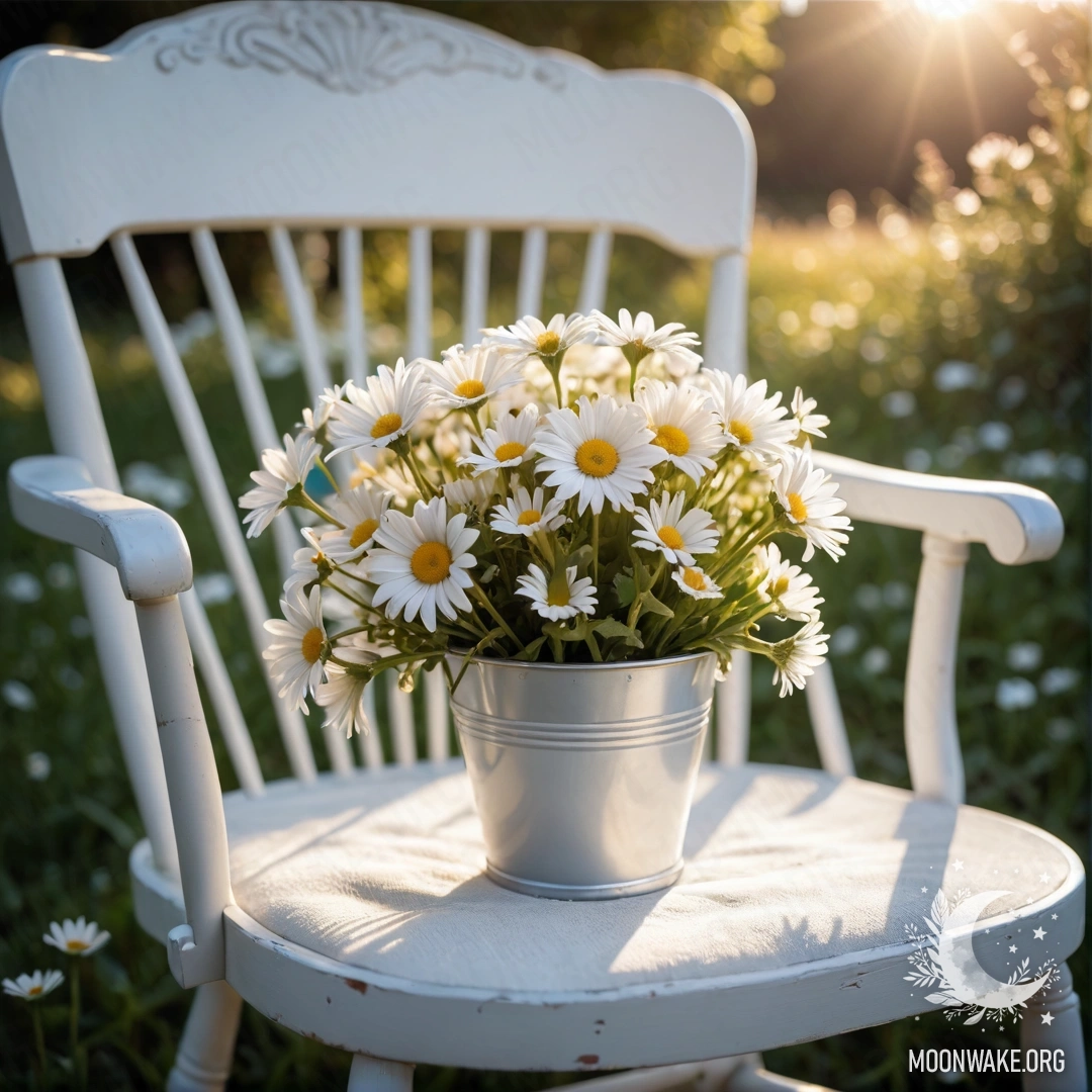 Vintage Chair with Daisies and Coffee at Sunset A beautiful shabby vintage chair with a cup of coffee and a bucket of daisies on it during sunset.