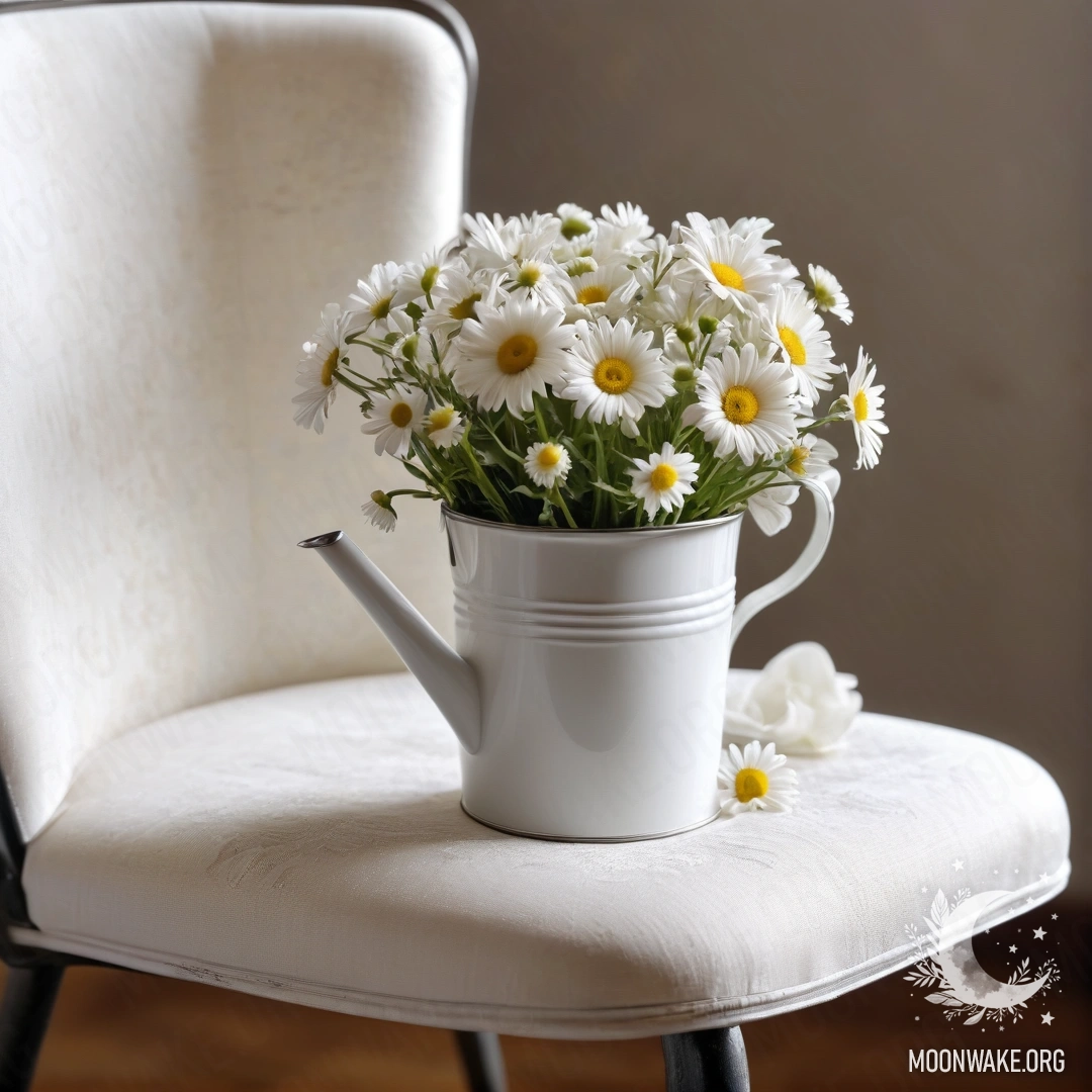 Close-up of a shabby vintage chair with a cup of coffee and a bouquet of daisies in a milk bucket.