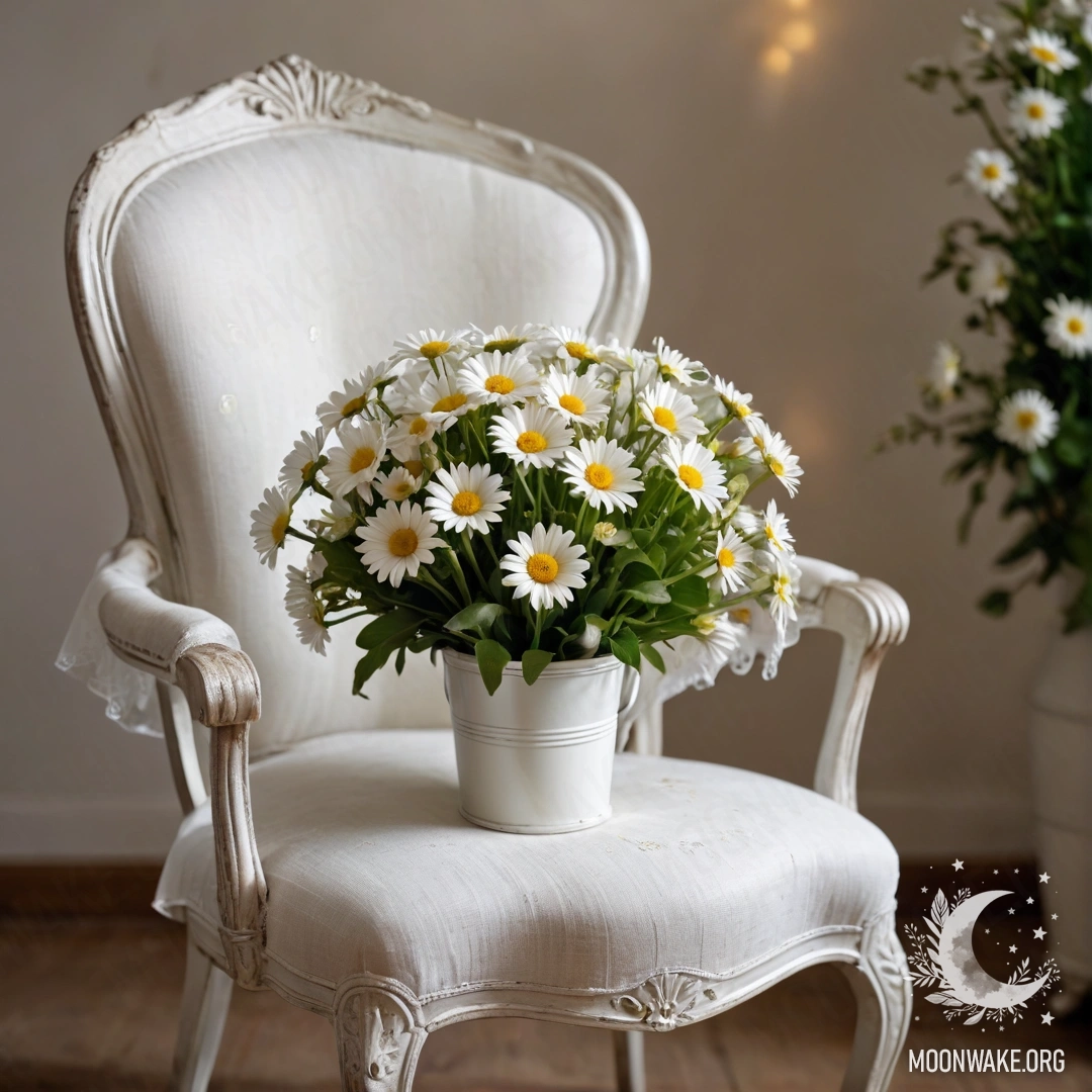 Vintage Chair with Flowers and Coffee Close-up of a vintage chair with white fabric, coffee cup, and daisies in a bucket.