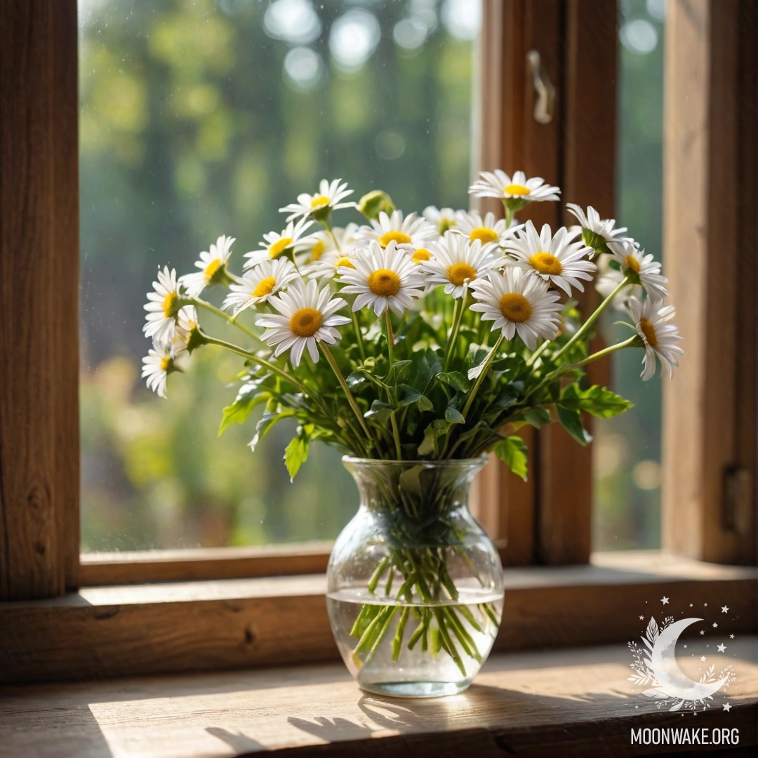 A glass vase filled with daisies is placed on a wooden vintage windowsill, surrounded by soft garland lights.