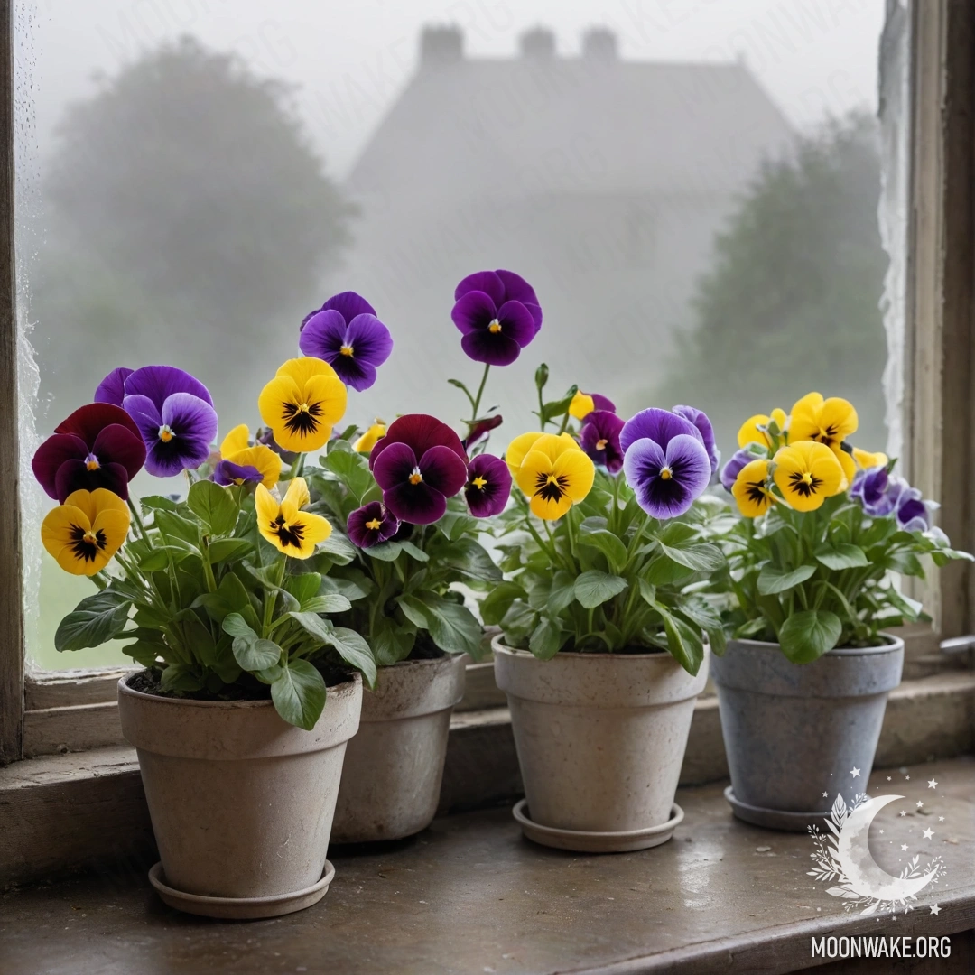 A collection of beautiful vintage flowerpots with pansies in a dense mist.