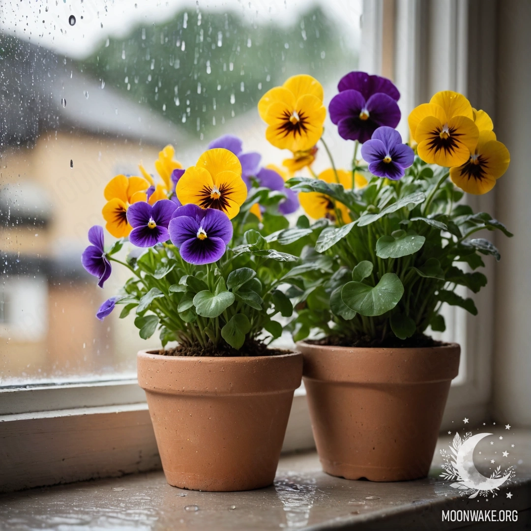 A vintage windowsill adorned with flowerpots, pansies blooming under the rain.