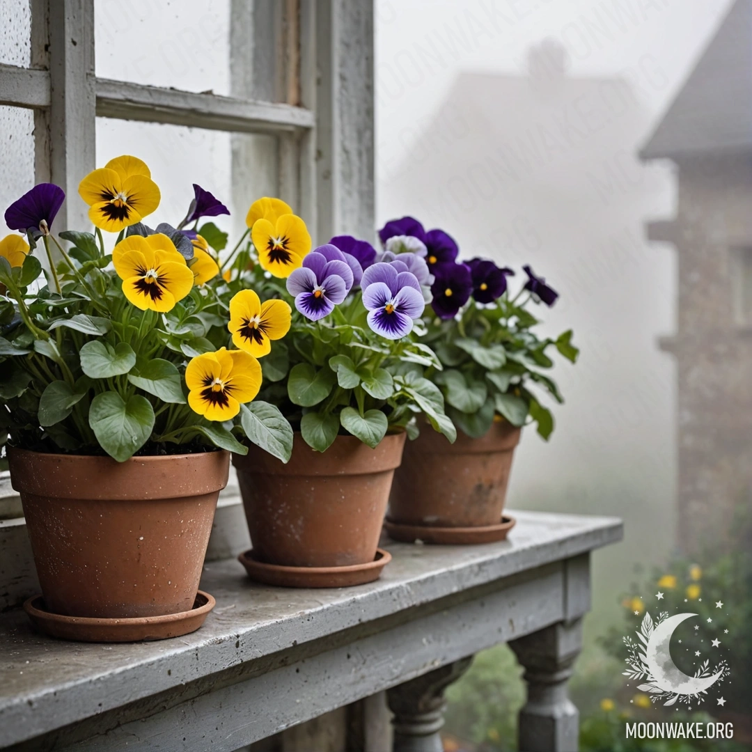 Vintage Flowerpots on a Misty Windowsill A serene scene of vintage flowerpots filled with pansies on a foggy windowsill.