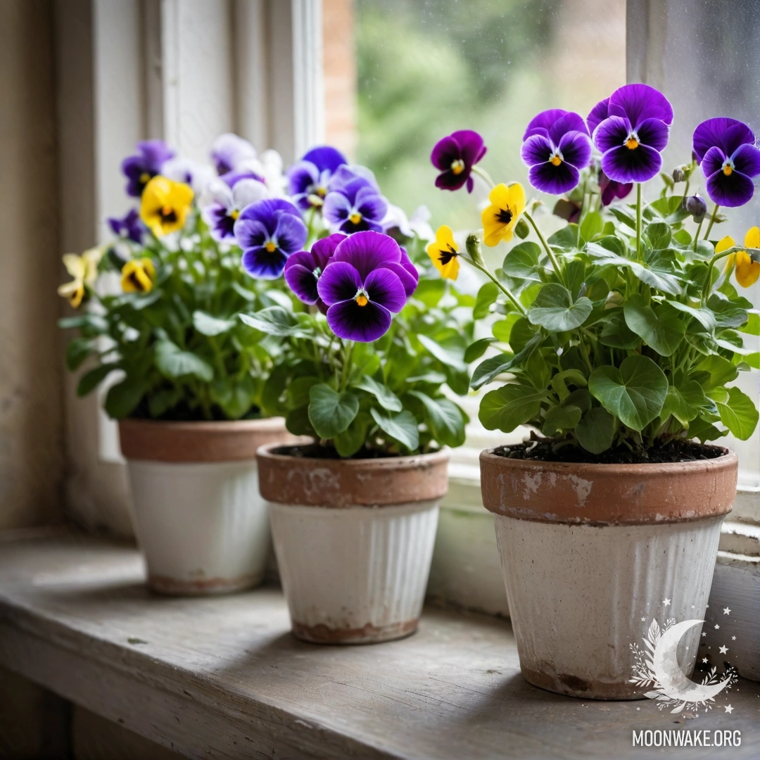 Beautiful vintage flowerpots with pansies on a shabby windowsill