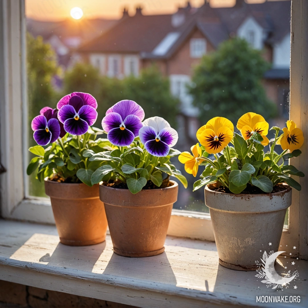 Sweet vintage flowerpots with pansies on a shabby windowsill during sunset.