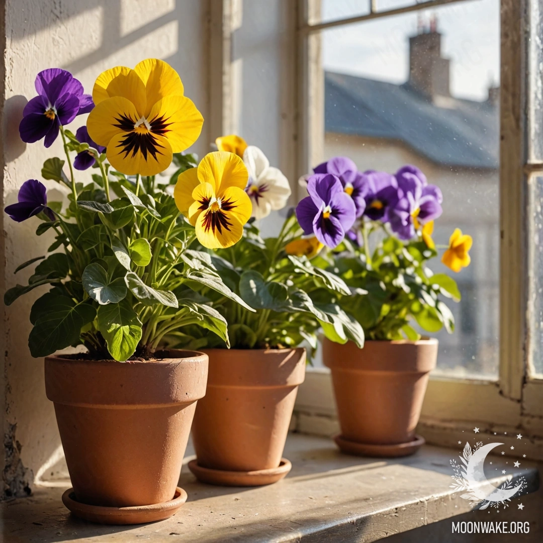 Vintage flowerpots with pansies on a shabby windowsill basking in sunlight.