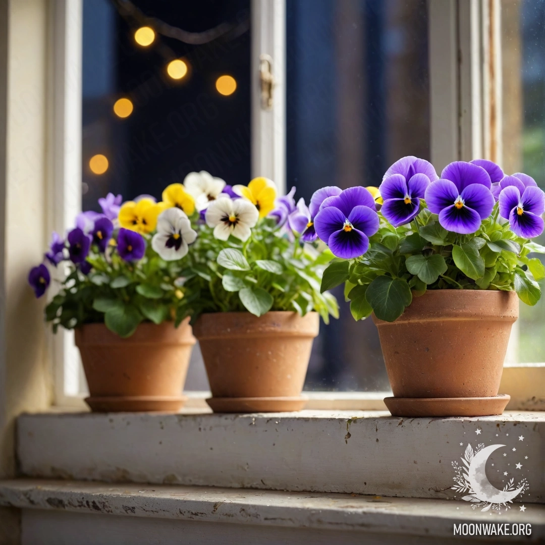 Abstract flowerpots with pansies on a shabby windowsill adorned with a garland