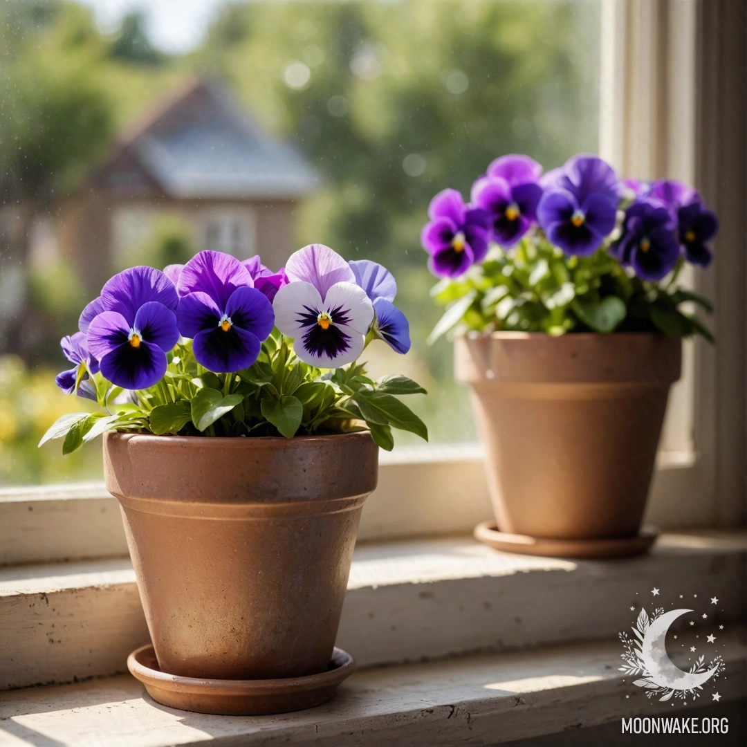 Vintage Flowerpots on a Shabby Windowsill Cozy vintage flowerpots filled with pansies on a shabby windowsill.