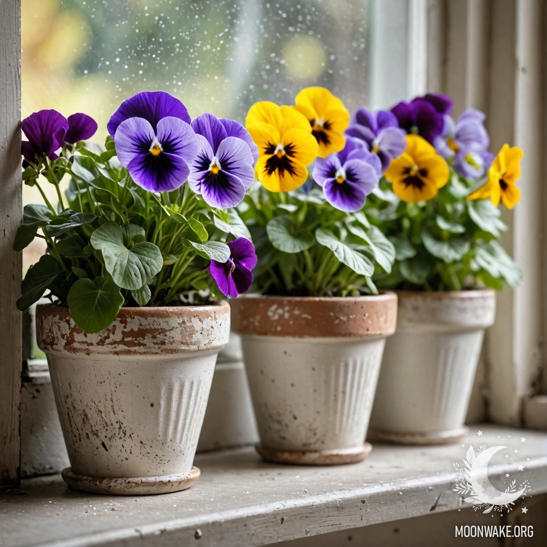 A photorealistic image of vintage flowerpots containing pansies on a shabby windowsill, with a lens effect.