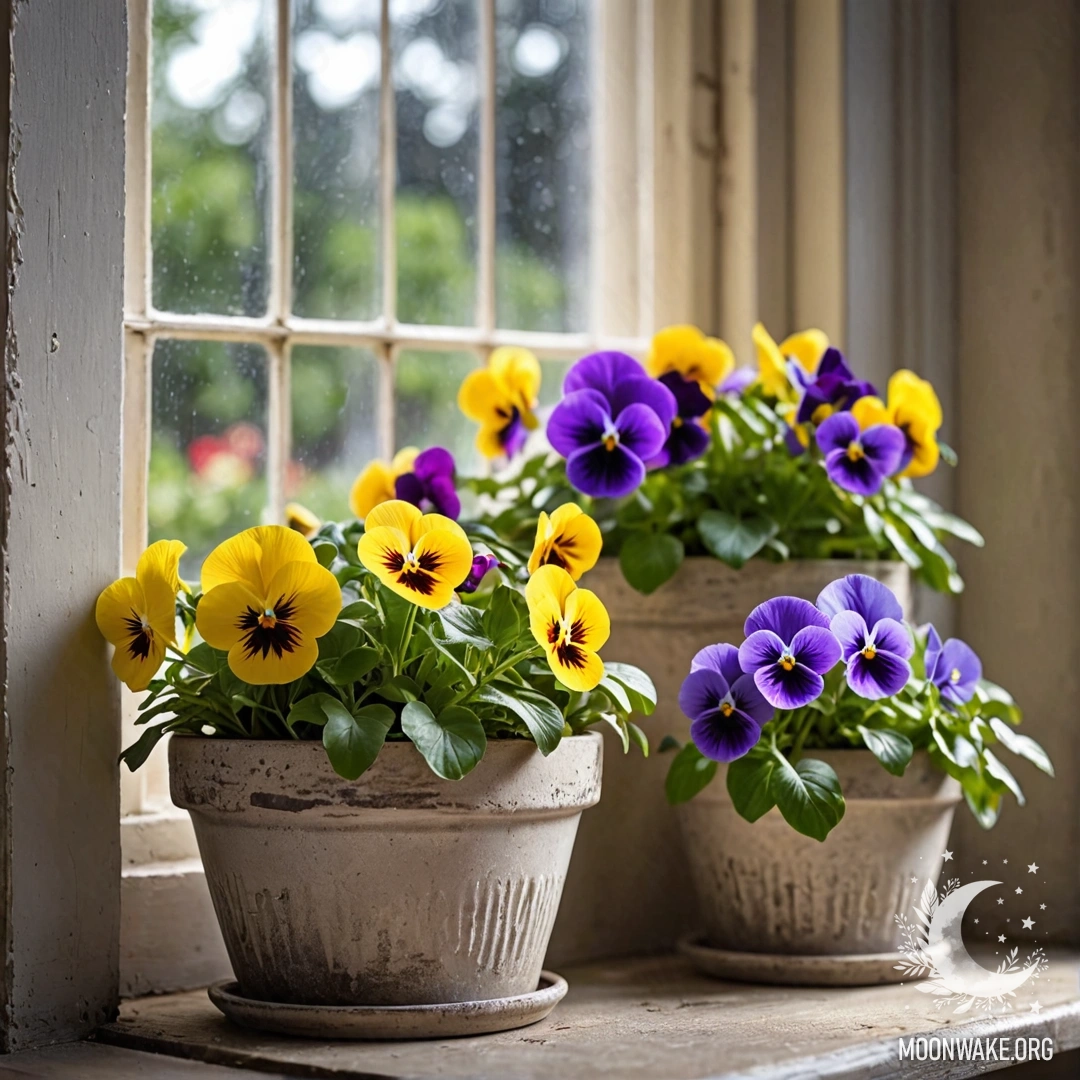 Abstract vintage flowerpots with pansies on a shabby windowsill, adorned with garland lights.