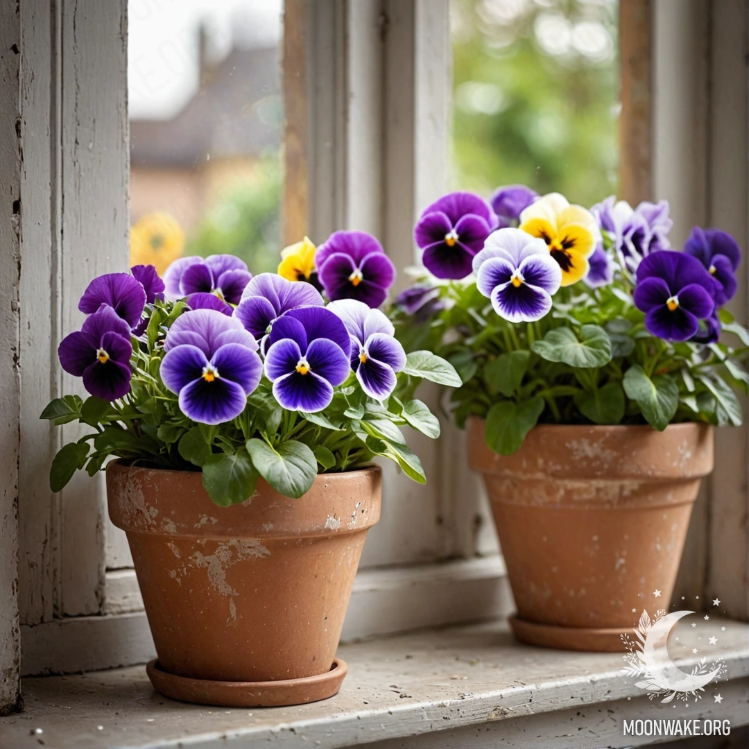 A collection of vintage flowerpots filled with pansies on a shabby windowsill illuminated by garland lights.