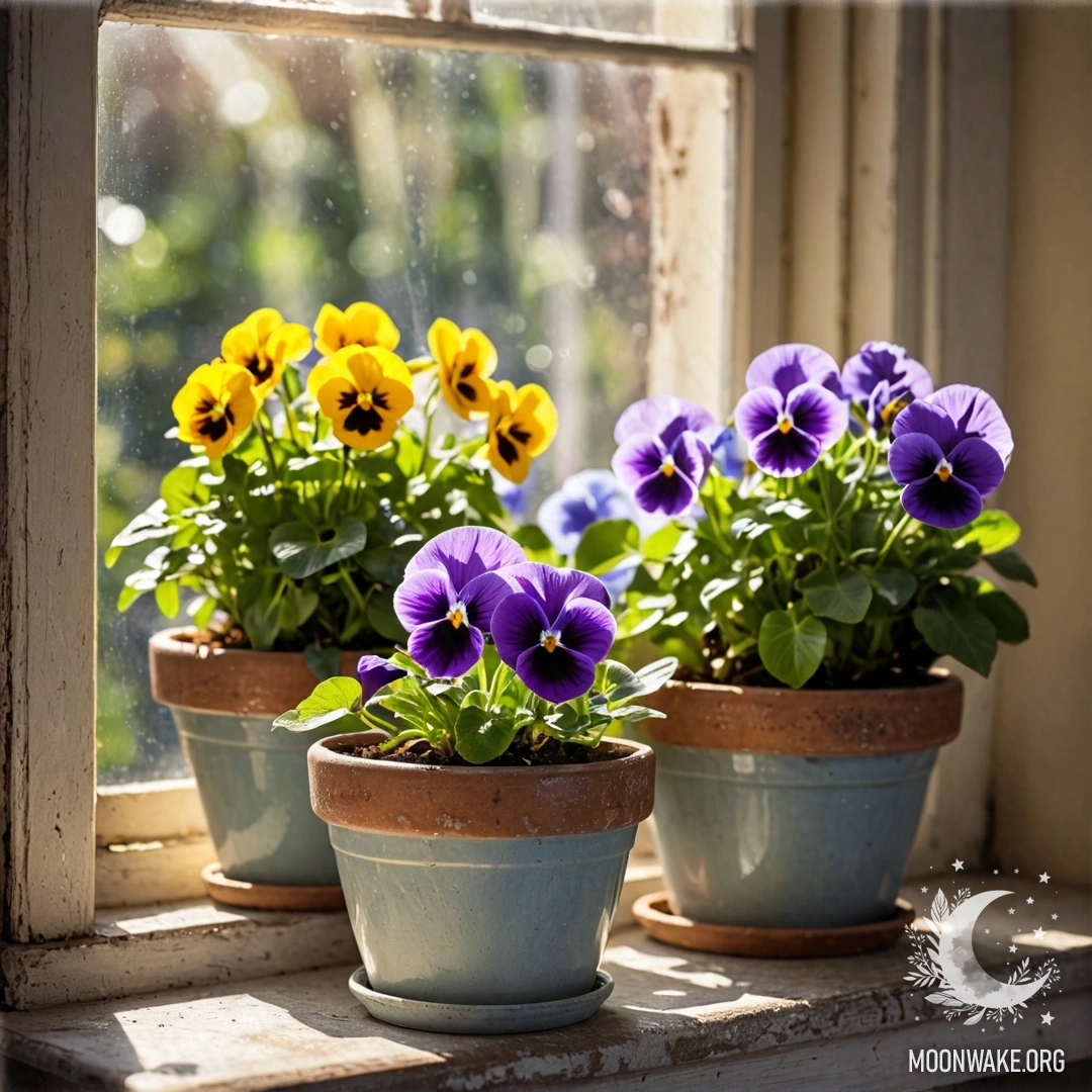 A photograph of vintage flowerpots filled with pansies, placed on a shabby windowsill, illuminated by sun rays.