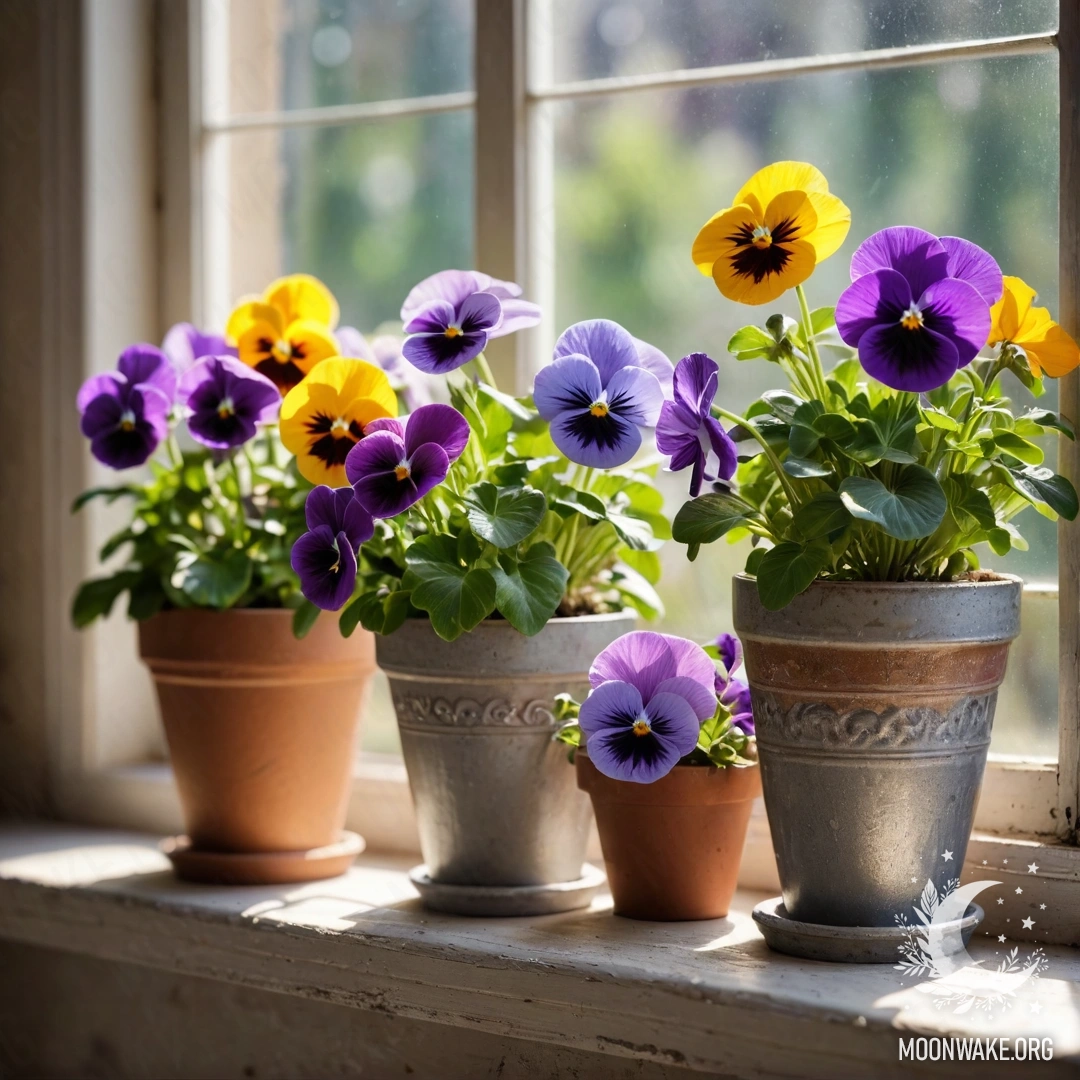 Sweet vintage flowerpots filled with pansies sitting on a shabby windowsill with sunlight pouring in.