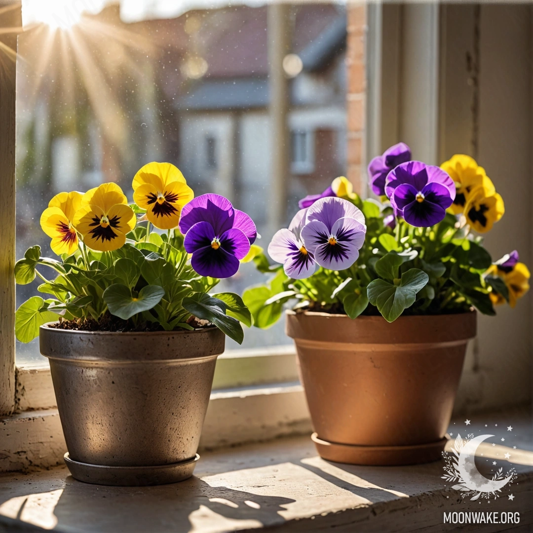 Beautiful vintage flowerpots with pansies on a shabby windowsill