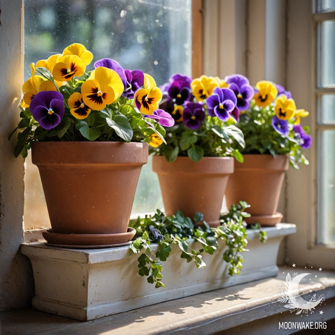 Charming Vintage Flowerpots on a Windowsill A collection of vintage flowerpots on a shabby windowsill with pansies and garland lights.
