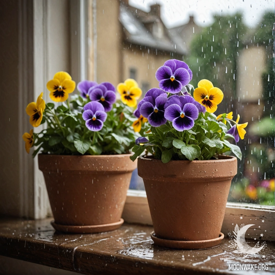 Calm vintage flowerpots with pansies on a shabby windowsill, rain falling.