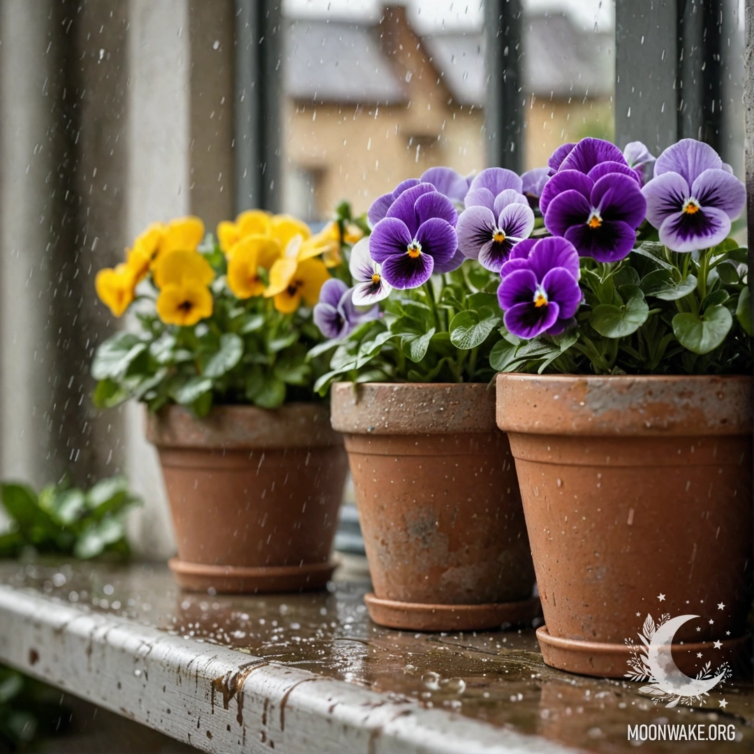 A cozy scene featuring vintage flowerpots with pansies on a shabby windowsill, drenched in rain.