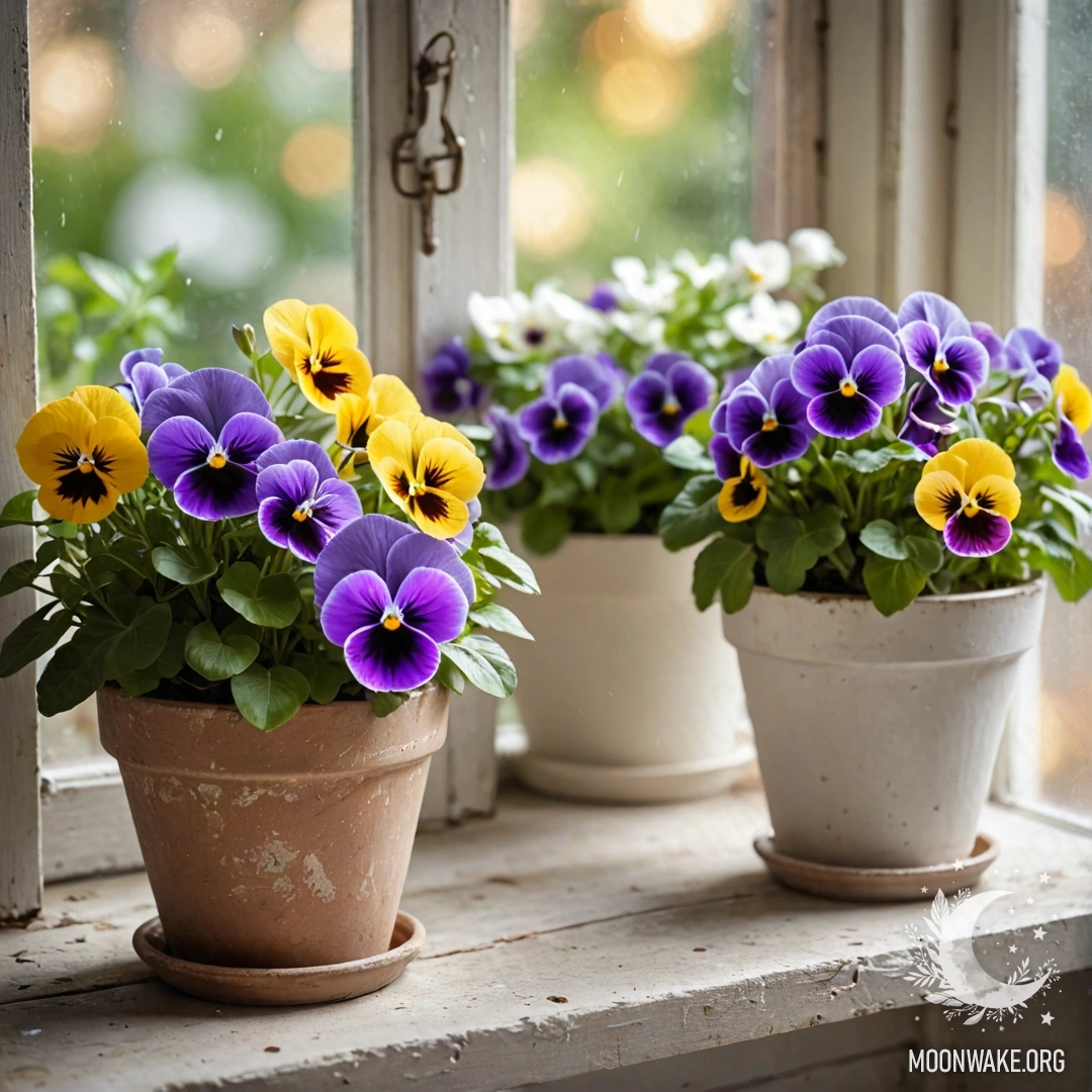 Vintage Flowerpots on a Shabby Windowsill A photorealistic depiction of calm vintage flowerpots with pansies surrounded by garland lights on a shabby windowsill.