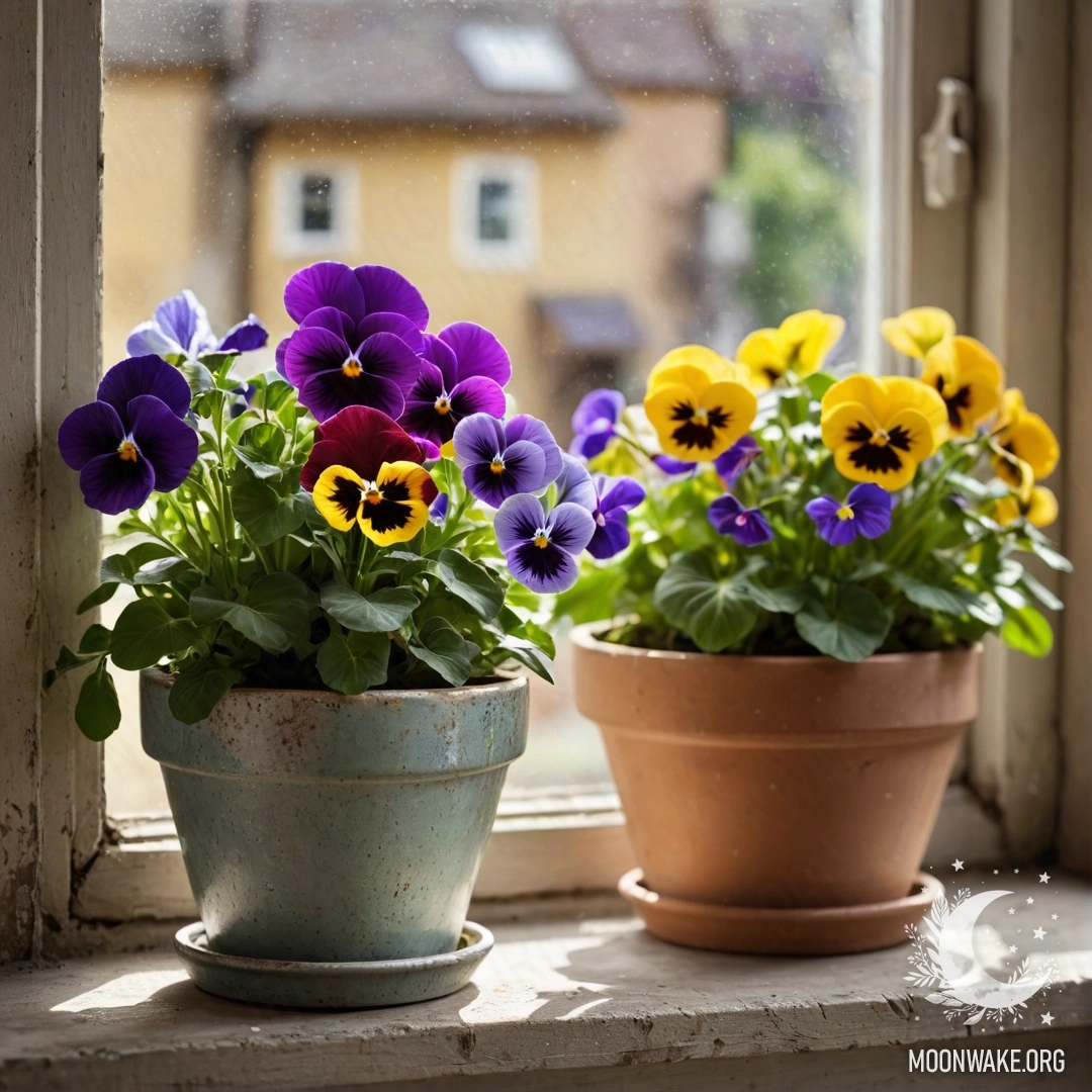 Photorealistic image of abstract vintage flowerpots with pansies on a shabby windowsill.