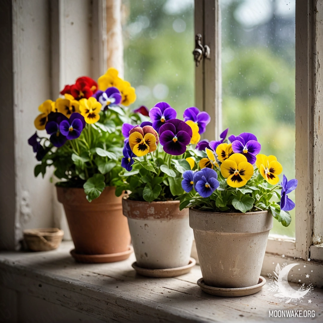 Vintage Flowerpots on a Shabby Windowsill Sweet vintage flowerpots with pansies on a shabby windowsill illuminated by garland lights.