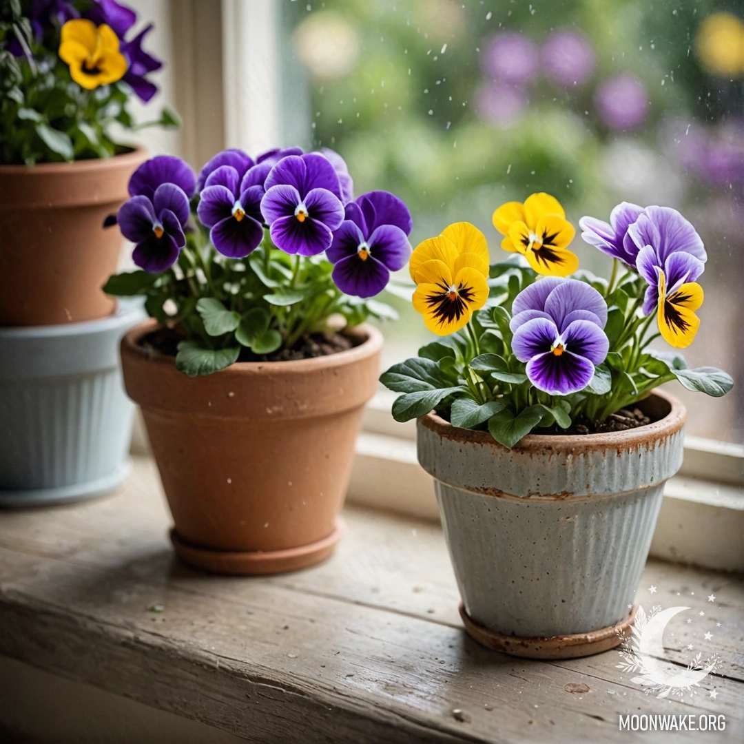 Calm vintage flowerpots with pansies on a weathered windowsill