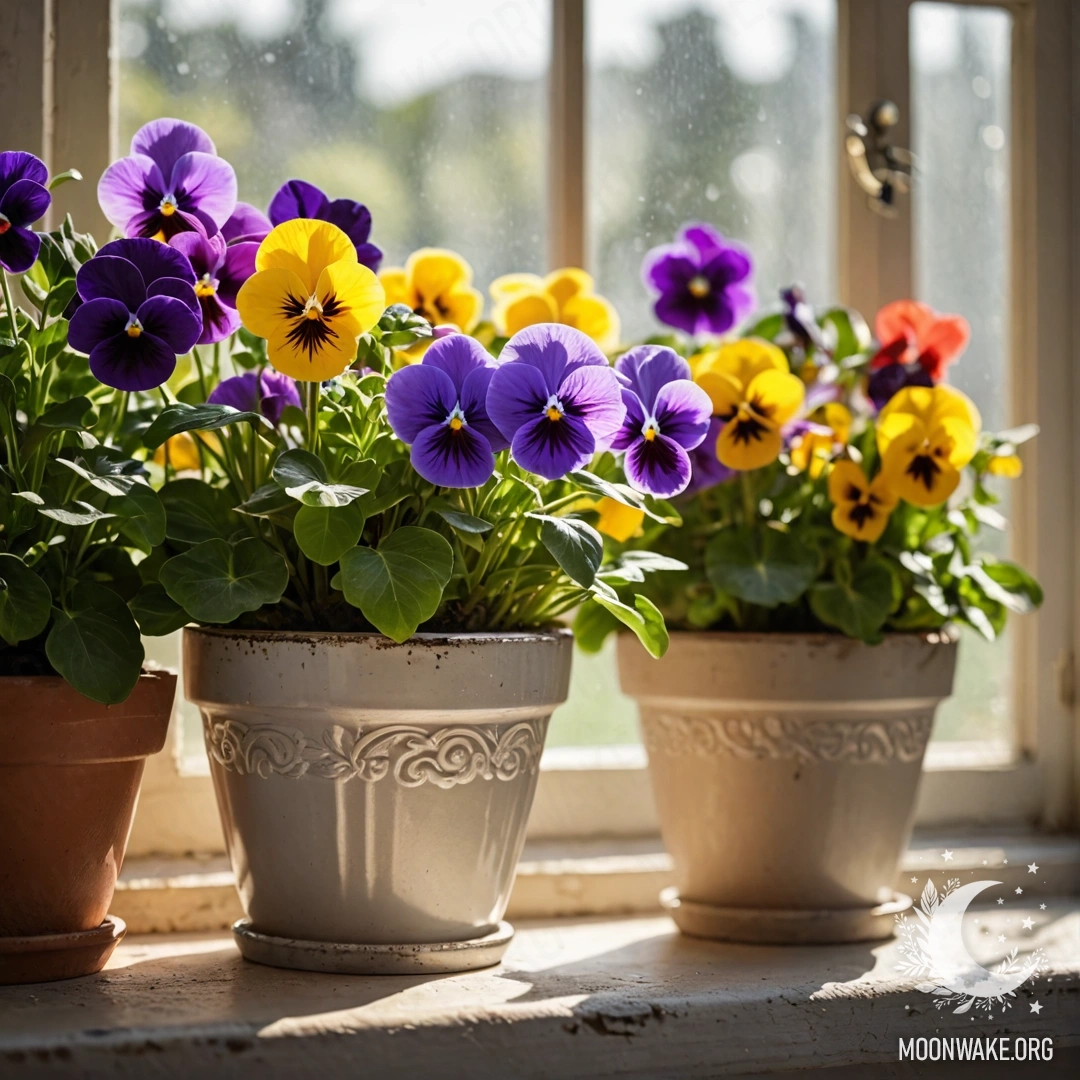 A cozy scene featuring vintage flowerpots with pansies bathed in sunlight on a shabby windowsill.