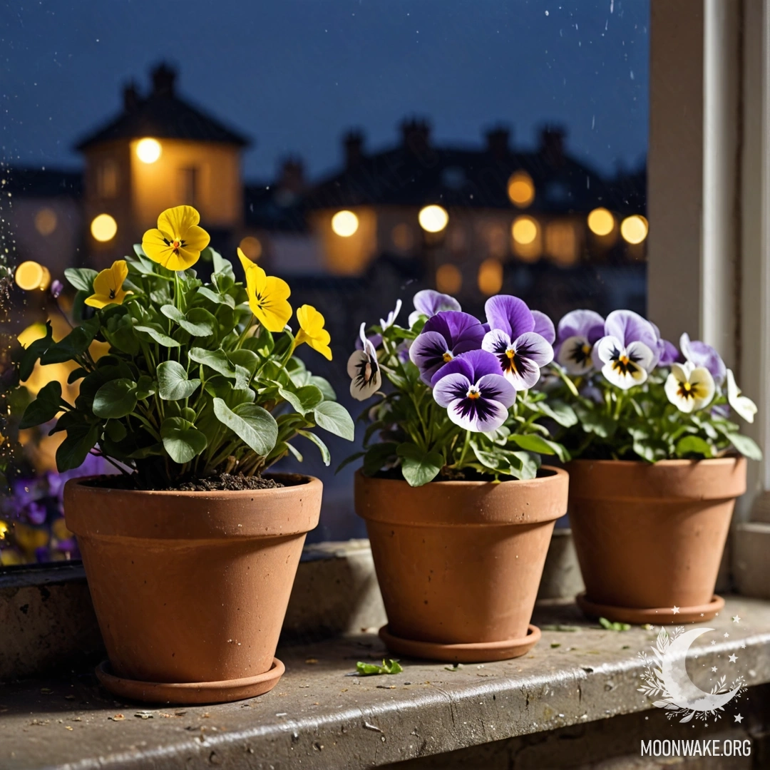 Vintage Flowerpots on a Shabby Windowsill Abstract vintage flowerpots with pansies on a shabby windowsill at night.