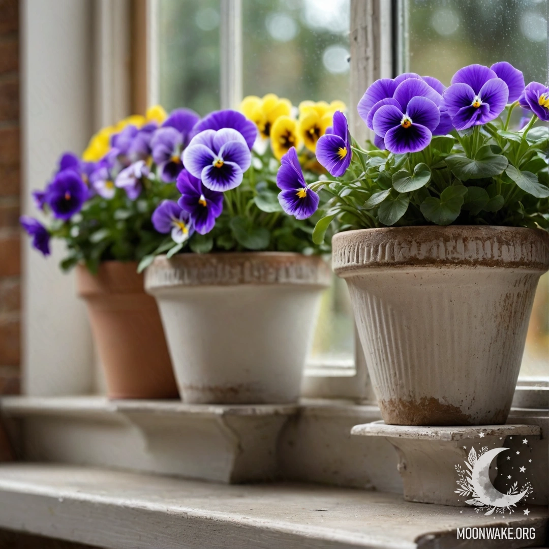 Vintage Flowerpots on a Shabby Windowsill Abstract vintage flowerpots with pansies on a shabby windowsill.