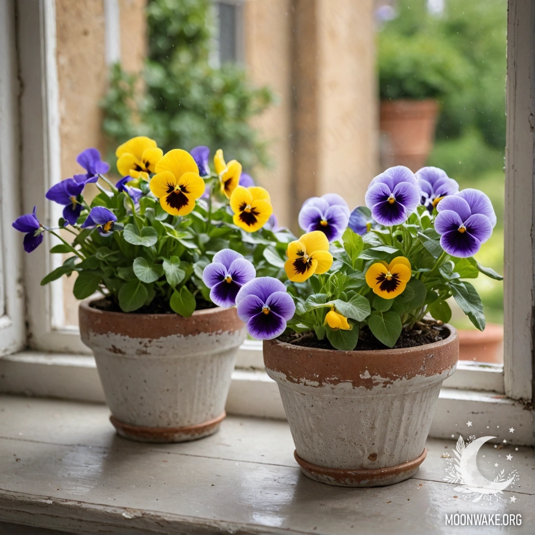 Vintage Flowerpots on a Shabby Windowsill Photorealistic image of vintage flowerpots with pansies on a shabby windowsill.