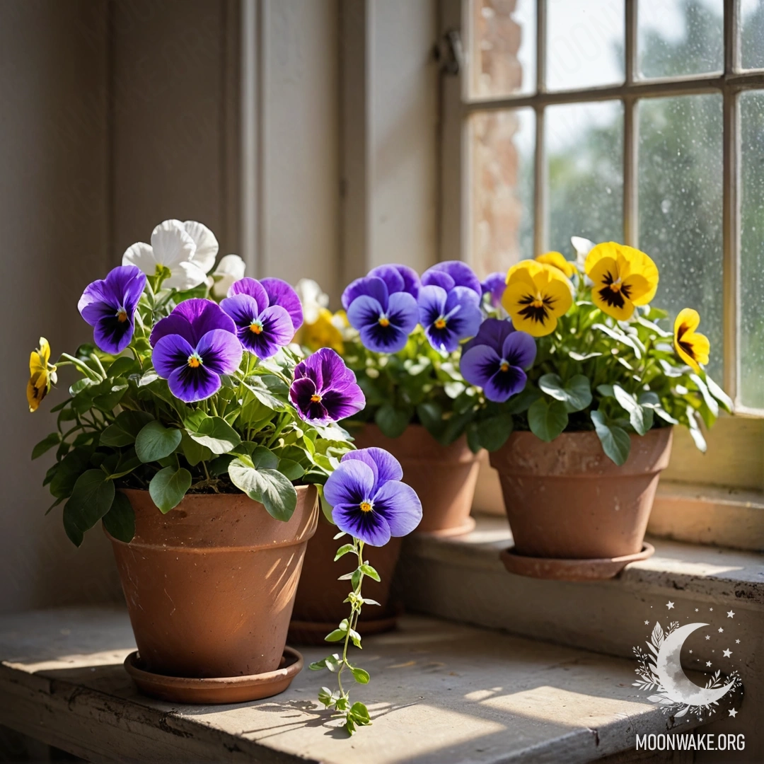 Calm vintage flowerpots with pansies on a shabby windowsill, illuminated by garland lights.