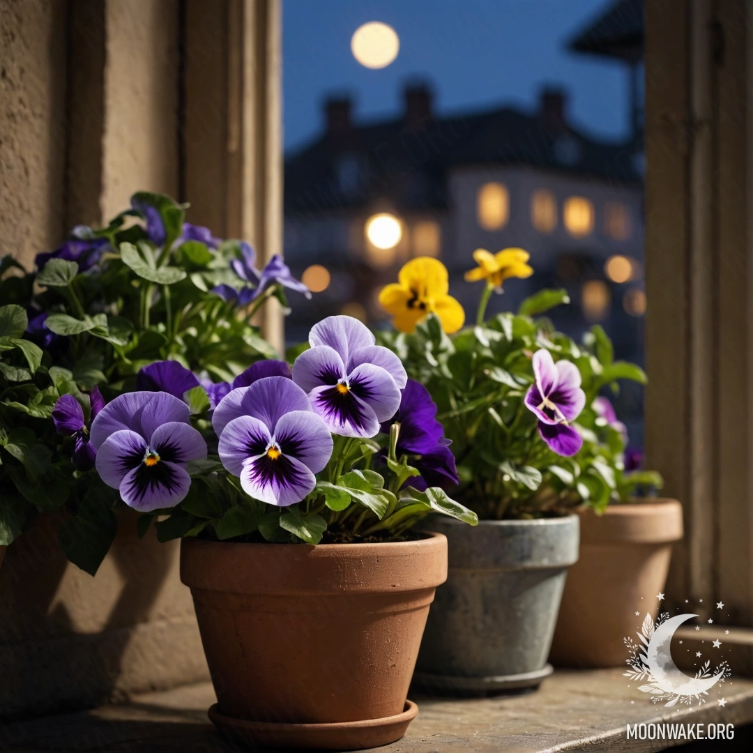 A collection of vintage flowerpots with pansies on a shabby windowsill at night.