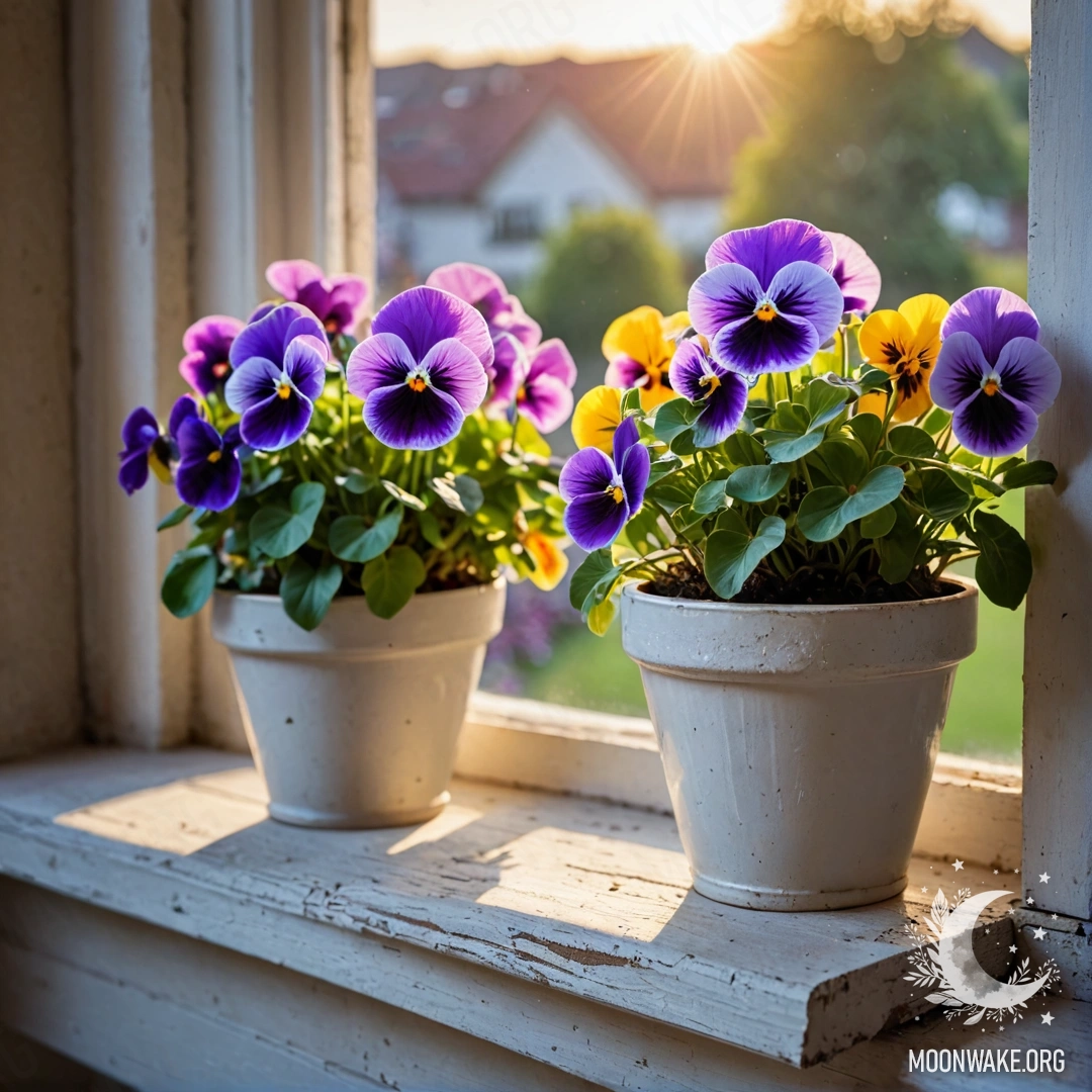 A collection of beautiful vintage flowerpots featuring pansies on a shabby windowsill during sunset.